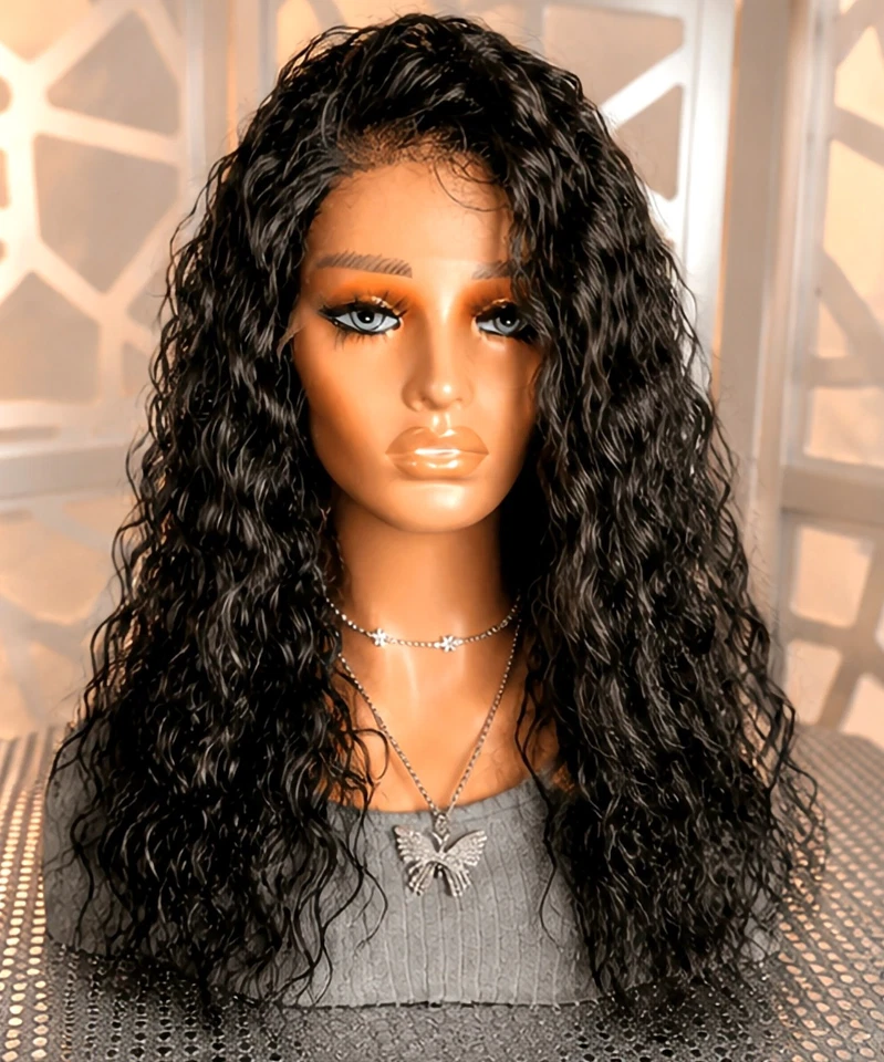 Peluca ondulada negra azabache 13x6 frente de encaje mezcla de cabello humano peluca rizada calor sin pegamento - Imagen 1 de 4