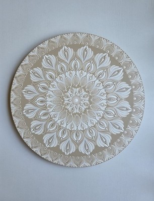 Original Gemälde 50 cm / 20' Mandala Kunst weiß weich beige rund Wanddeko