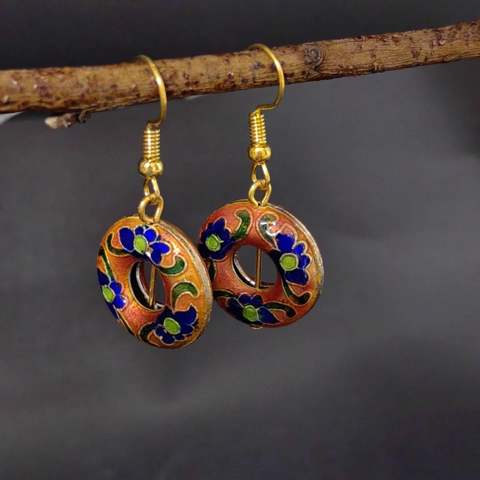 Pendientes de donut esmaltados Cloisonne hechos a mano de latón chino vintage joyería colgante Foto 2 de 2