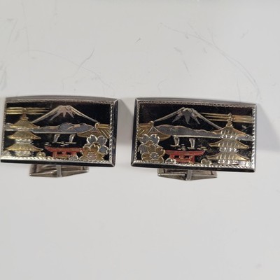 Vintage Sterling Silver Japanese Damascene Cufflinks Pagoda Landscape Offset
