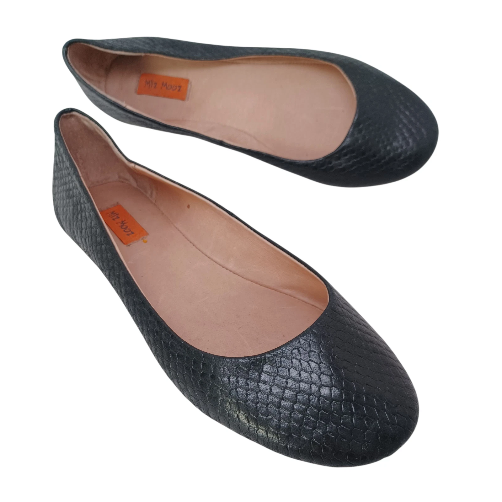 Miz Mooz Shoes Black Leather Ballet Flats Phaedra Reptile Snake Embossed Size 7