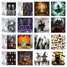 1PC Shower Curtain, Halloween, Holiday, Gothic, Pumpkin, Witch, Cat,Magic Castle