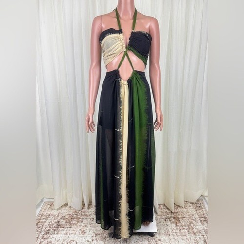 Maxi abito nuovo con etichette The Sang taglio trasparente color block Halter oliva multi taglia small - Foto 11 di 13