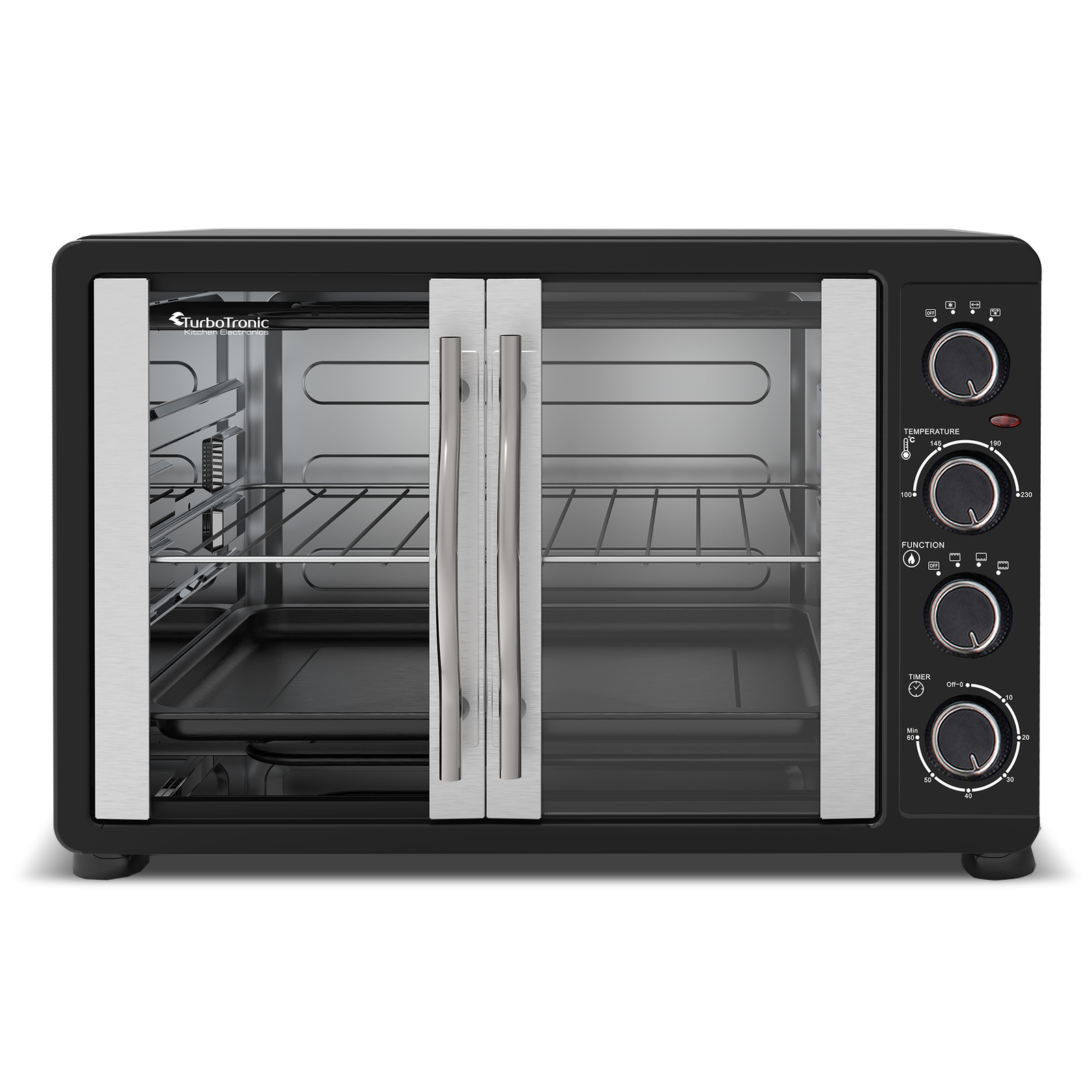 Minibackofen (45L) mit Umluft, 2000W, Backblech, Drehspieß, Pizzaofen, Grill