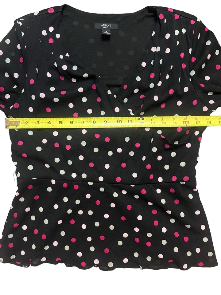 Alfani Women Medium Petite Black Pink Polka Dot Blouse Tunic Faux Wrap Pullover - Image 4 of 4