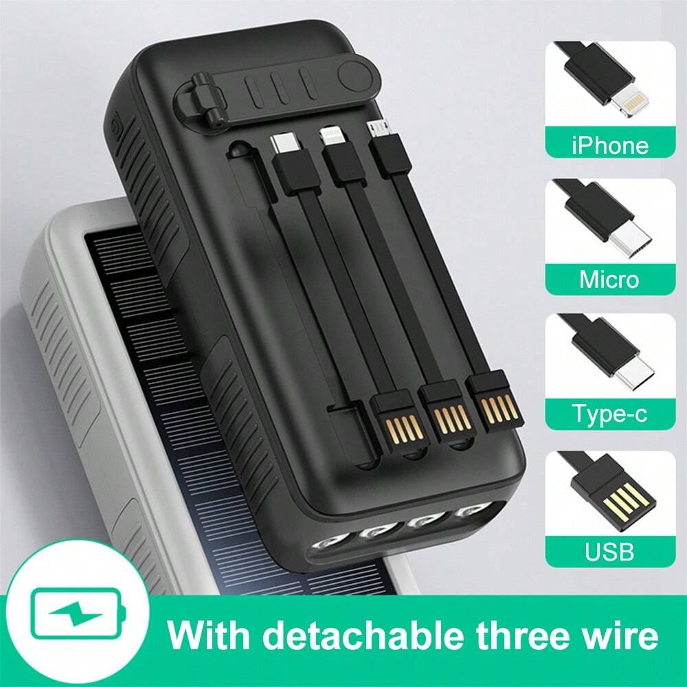 30000mAh Solar Power Bank with Hand Crank and Built-In Cables