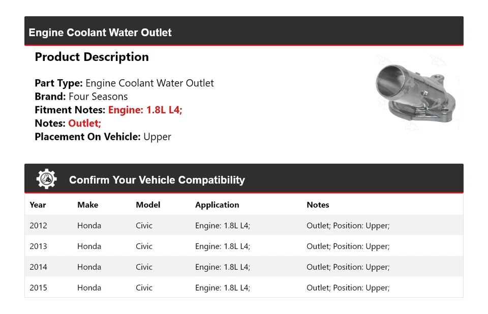 For 2012-2015 Honda Civic 1.8L L4 Engine Coolant Water Outlet Upper 4 Seasons - Image 2 of 4