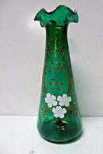 ANTIQUE VICTORIAN GREEN GLASS VASE HAND PAINTED ENAMEL FLOWERS GILT