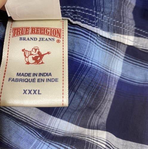 Camicia True Religion uomo 3XL perle a scatto blu a quadri manica lunga western grande alta - Foto 9 di 11