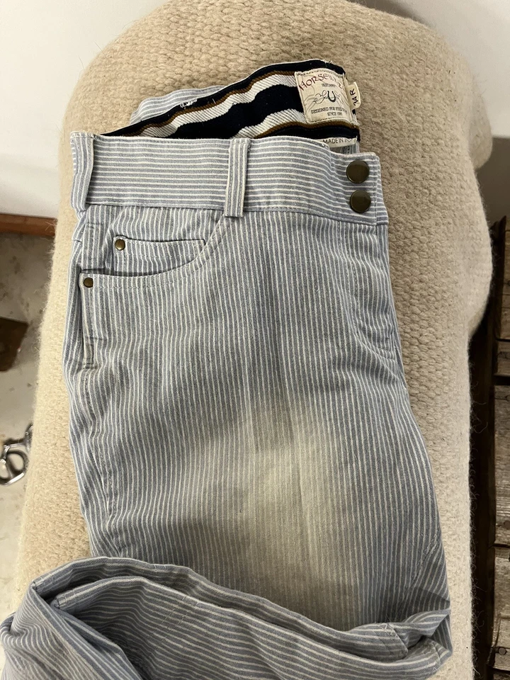 Horseware Seersucker Summer Breeches Blue White Striped 34R Equestrians FL - Image 4 of 4
