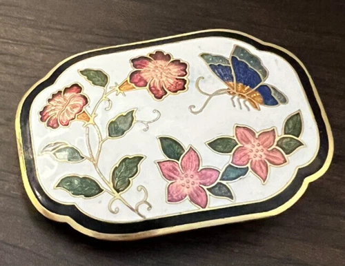 Vintage Cloisonne Belt Buckle Butterfly Flowers Gold Tone Beautiful