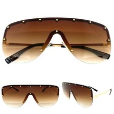 Oversized Classy Elegant Retro Shield SUNGLASSES Large Big Gold Frame Brown Lens