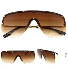 Oversized Classy Elegant Retro Shield SUNGLASSES Large Big Gold Frame Brown Lens