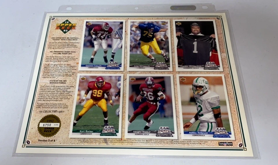 NFL 1992 Upper Deck Limited Edition Top Prospect PROMO SHEET #/8000 AUTHENTIC - Image 2 of 4