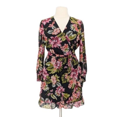 00990 Bar III Floral Wrap Dress Black XXL bohemian party boho chic classic