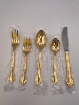 Estia Korea Gold Plated Flatware 5 Piece Setting GOLDEN CASCADE Free Shipping