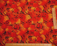 Halloween Fabric 3/4 Yard Packed Smiling Dk Orange Pumpkins on Black Cotton Vtg
