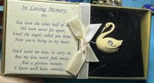 IN LOVING MEMORY PIN BROOCH Swan Enamel w/ Rh...