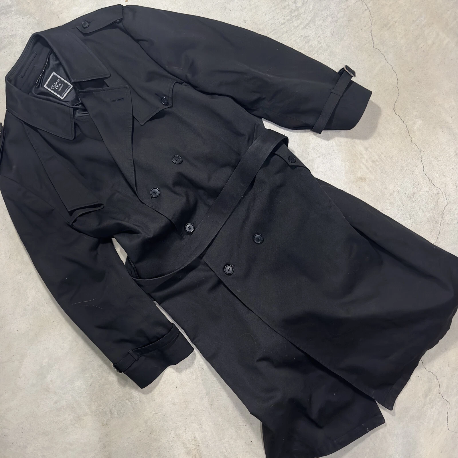 Veste trench coat noir vintage Christian Dior Monsuier adulte 50R ceinture double poitrine