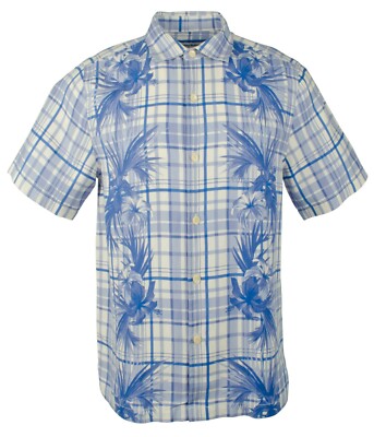 Tommy Bahama Lattice Bay Silk Linen Blend Camp Plaid Shirt Santorini Blue M NWT