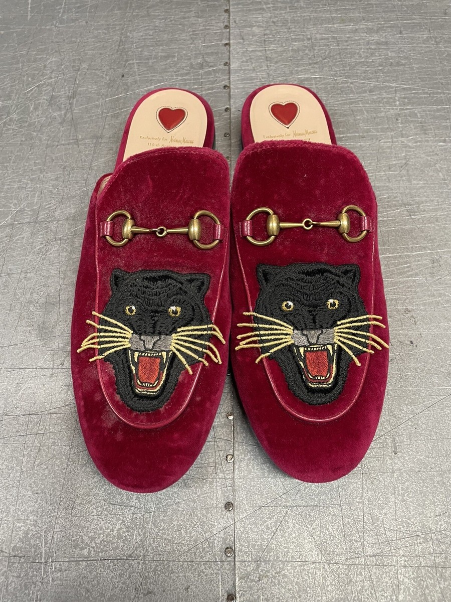 GUCCI Red Velvet Princetown Angry Cat Mule Embroidered  display picture 1