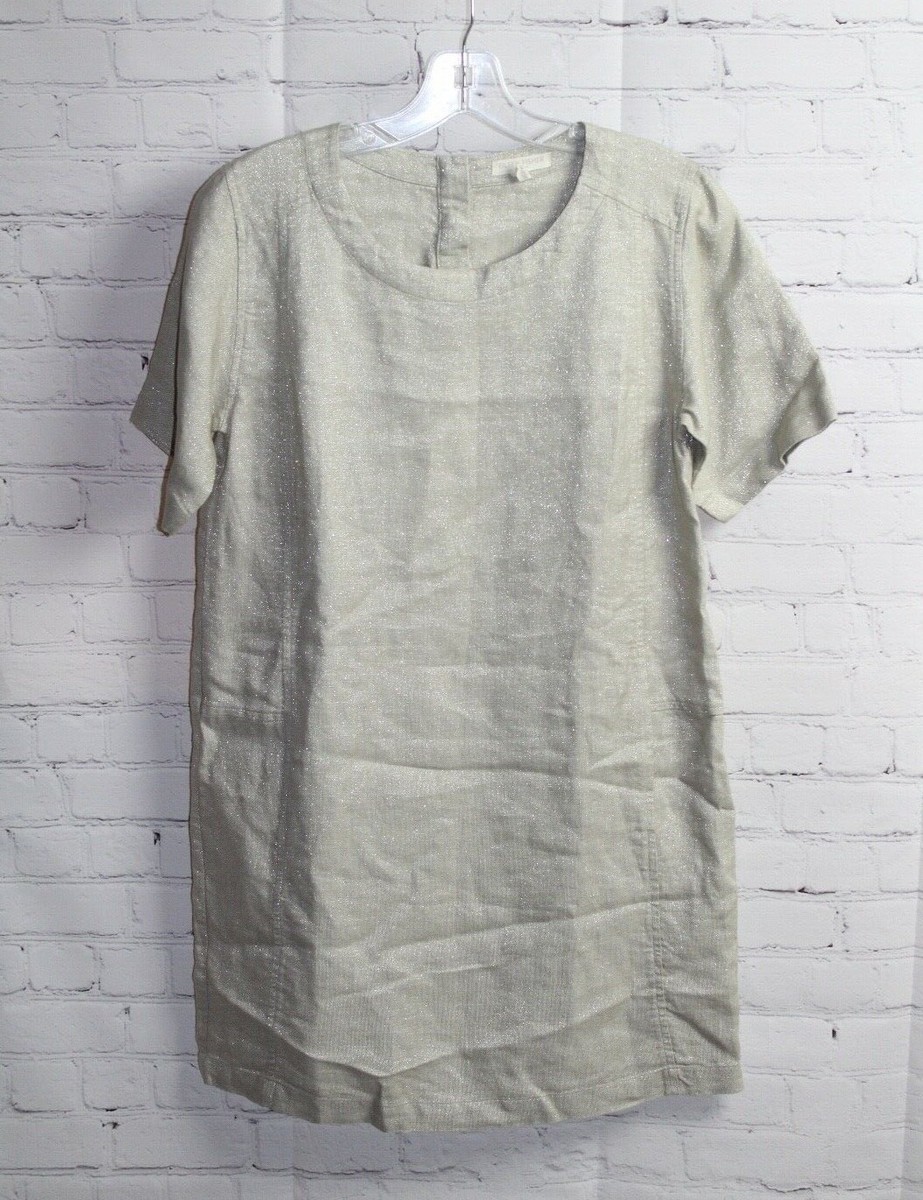 S ~ Eileen Fisher Organic Linen Shift Dress Pockets Beige Tan Metallic Sz  PP/PTP