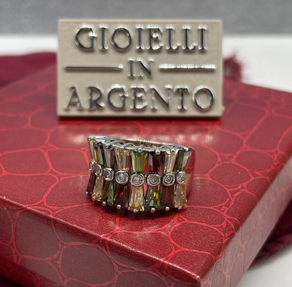 ANELLO DONNA DOPPIA FASCIA DI PIETRE MULTICOLORE BAGUETTE IN ARGENTO 925 LUXURY. - Immagine 2 di 4