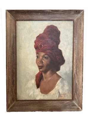 Herschell Sanders Oil Painting   Woman in Red Turban   Framed 1900-1950