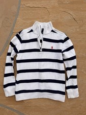 Polo Ralph Lauren Pullover Kids Size M White Navy Striped Good Quarter Zip Knit