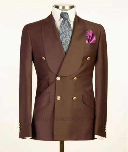 Slim Fit Brown Blazer for Men with Peak Lapel Double Breasted Dinner Jacket - Picture 3 of 12