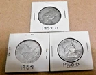 Franklin Half Dollars, Lot of 3, 1952D, 1954 1960D, US Silver Coins