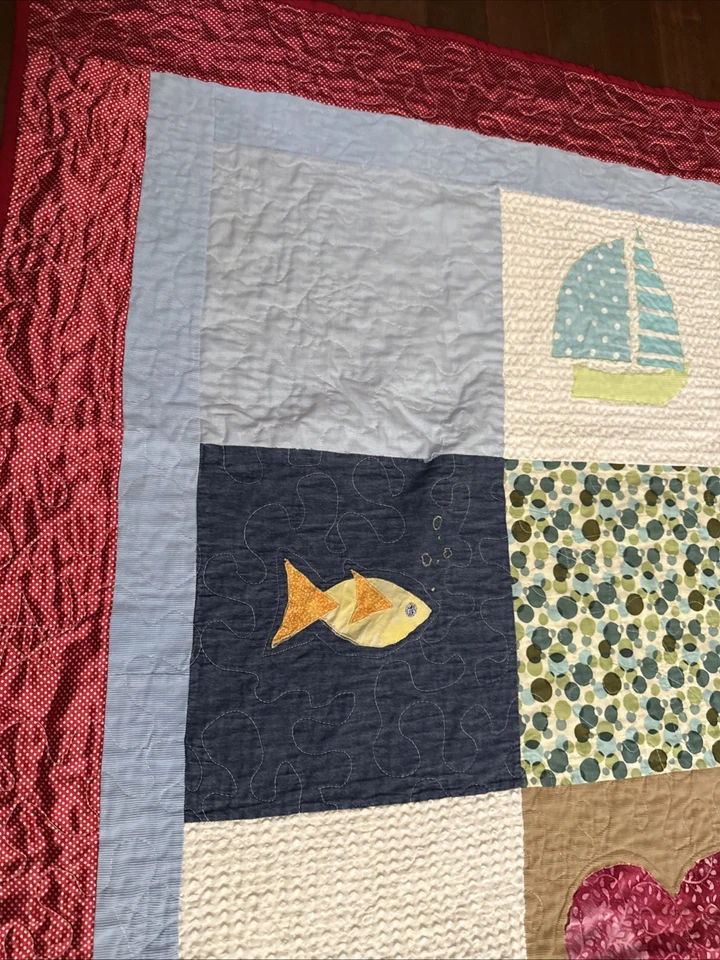 Vintage Handmade Patchwork Appliqué Unisex Baby Nursery Crib Quilt Textured - Image 2 of 4