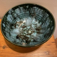 Dryden Arkansas Pottery Blue Green Glazed Chip Salad Serving Bowl Large