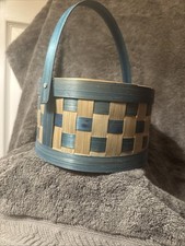 Used Vintage Bamboo Green And Bamboo Wood Colored Basket With A Moveable Handle