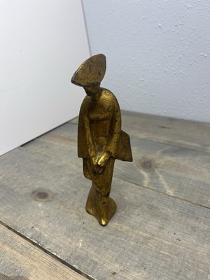 Gilded Cast Iron Mid Century Japanese Geisha Statue; Vintage Abstract Gold Flake