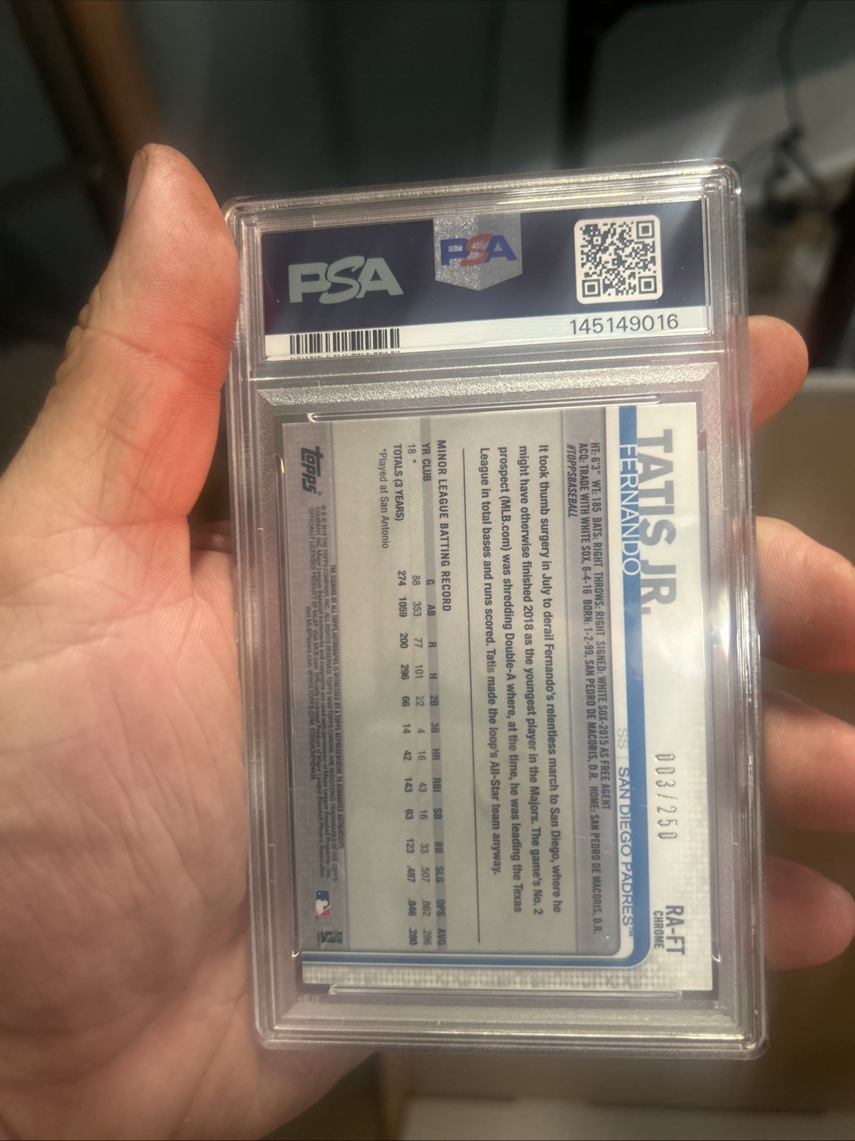 2019 Topps Chrome Fernando Tatis Jr Purple Rookie Auto /250 PSA 9 view 2