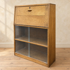 Oak Writing Bureau Bookcase Fall Front Desk Glass Display Cabinet Storage