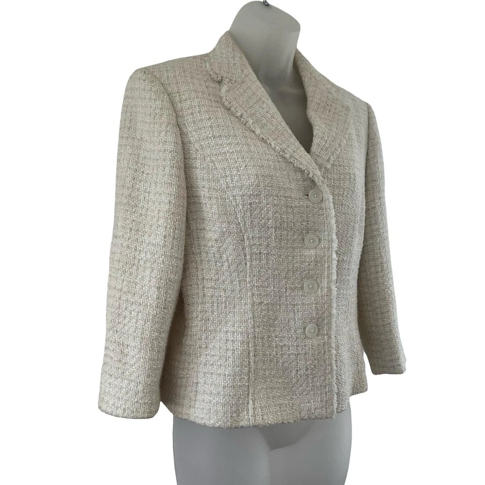 Brooks Brothers 346 Blazer 女式 8 奶油粗花呢亚麻混纺纽扣夹克衬里 — 第 4/4 张图片