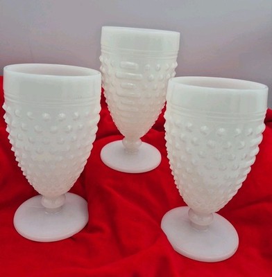 Set Of 3 Anchor Hocking Milk Glass Hobnail Footed Goblets 5-1/2'' Tall Vintage