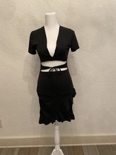 SHEIN Women's Tie Front Cutout Ruffle Hem Wrap Dress Black Sz Medium Date Night