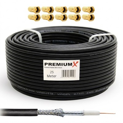 PremiumX Mini Koaxialkabel 25m Schwarz SAT Antennenkabel HDTV 4K + 10x F-Stecker