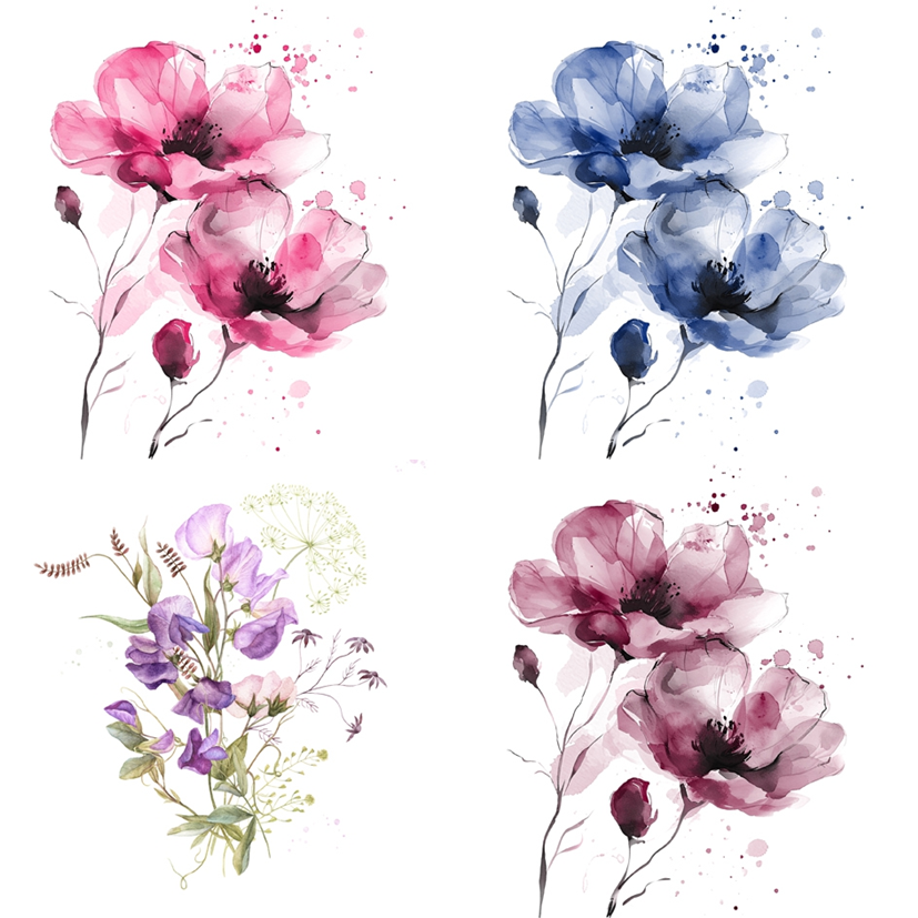 4 x MIXED SET Paper Napkins/33cm/3Ply/Decoupage/Watercolour Poppies/Sweet Peas