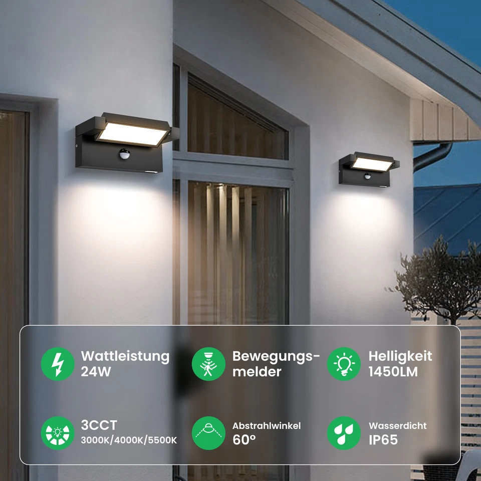 24W LED Wandleuchte Schwarz IP65 Innen Außen Schwenkbar Drehbar PIR Sensor Lampe - Bild 3 von 4