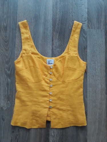 Hi There Karen Walker NWT NEW Linen Daisy Yellow Corset Top 8 Shell Buttons CUTE - Picture 2 of 12