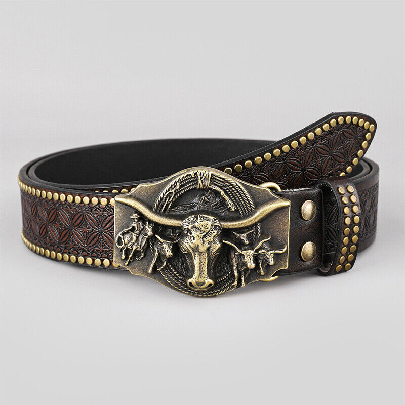 New Pu Leather Mens Western Cowboy Belt Vintage Waist Belt Buckle