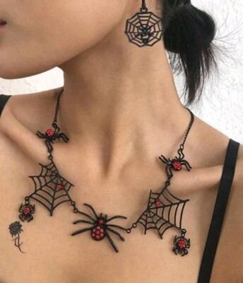 Gothic schwarz Spinne und Netz Halskette und Ohrringe Halloween Schmuck