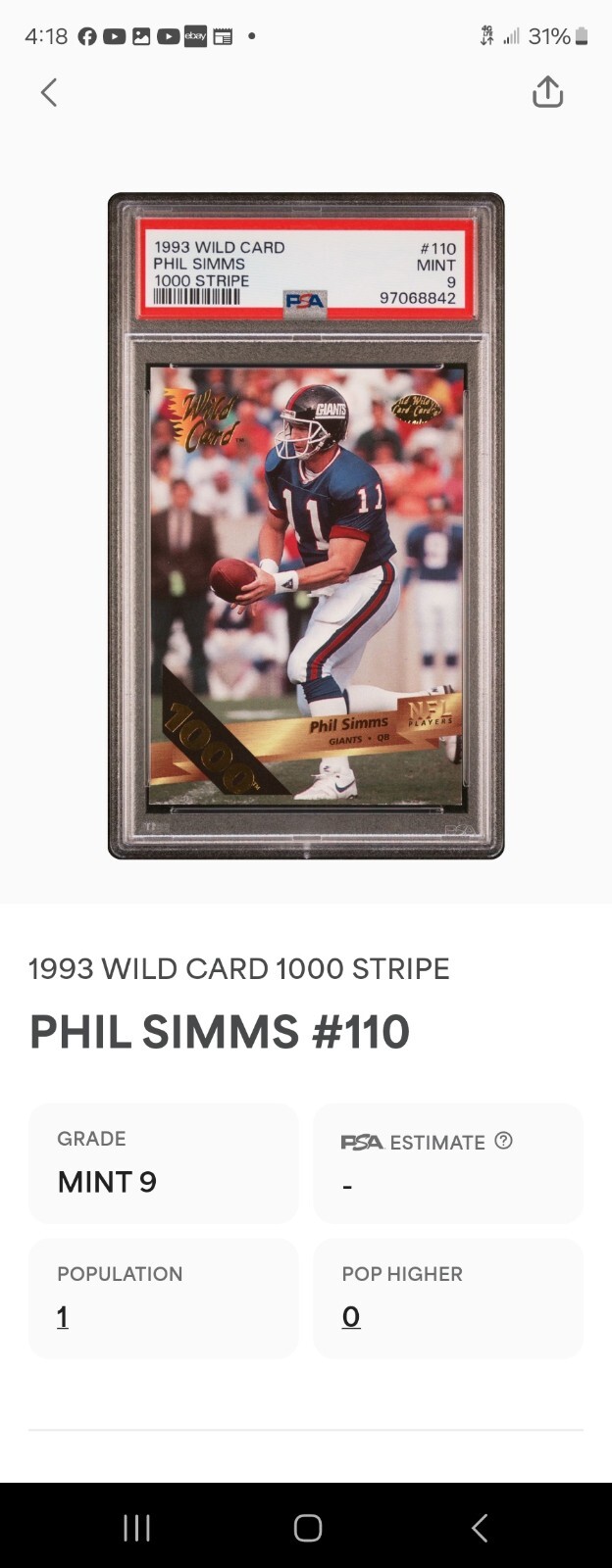 1993 Phil Simms 1000 Stripe Wild Card PSA 9 Low Pop 1/1 Rare None Other Graded view 3