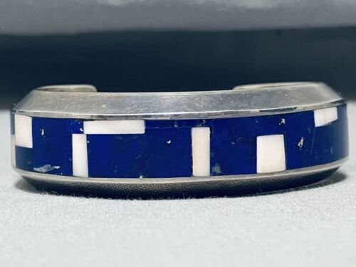 ONE OF THE BEST VINTAGE NAVAJO MIDNIGHT LAPIS STERLING SILVER BRACELET INLAY - Picture 4 of 9