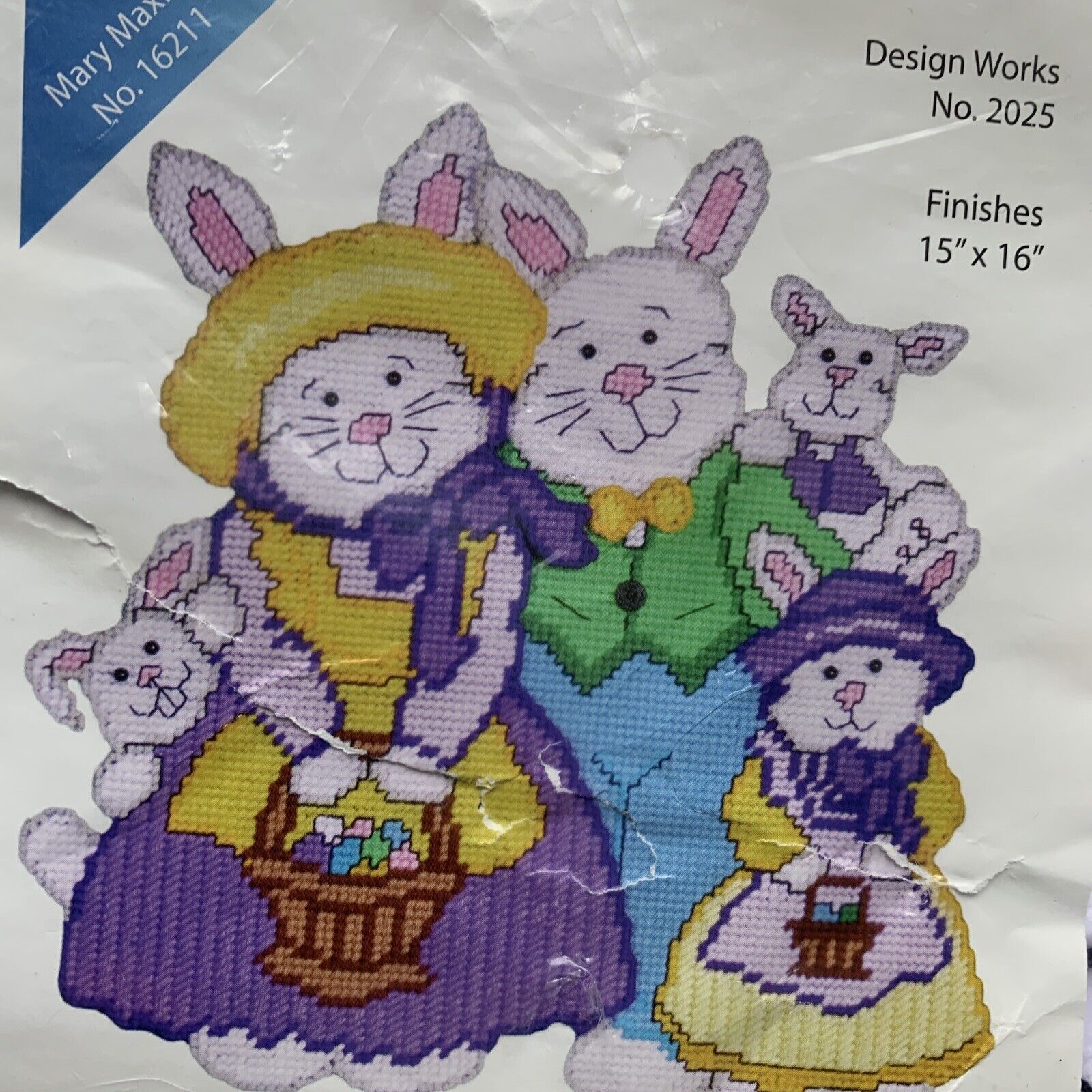 Easter Bunny Family Plastic Canvas Needlepoint Wall Hanging Kit NIP 15x16