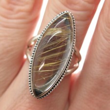 925 Sterling Vintage Real Marquise-Cut Rutilated Quartz Swirl Ring Size 7.25